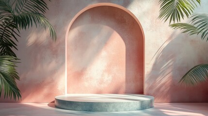 Aufkleber - 3D rendered podium display featuring shadows on a pastel background with tropical foliage Suitable for product presentations and exhibitions showcasing geometric objects and arch forms