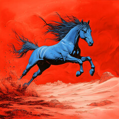 Blue Horse in Red Sky