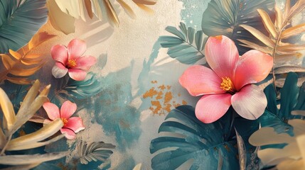 Poster - 3D illustration of a tropical wallpaper design featuring modern abstract art Watercolor flowers and leaves suitable for prints wallpapers posters and murals
