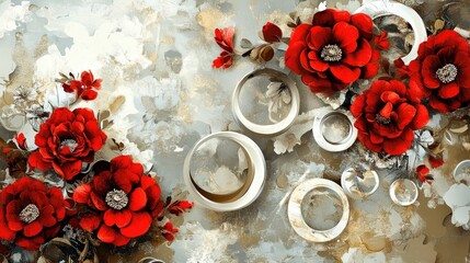 Poster - 3D mural painting featuring a background with red flowers and white circles creating a decorative classic art wallpaper design