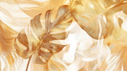 Poster - Abstract artwork featuring a golden leaf background vector Design includes line art textures of monstera and jungle leaves creating an exotic botanical pattern suitable for prints and wall art