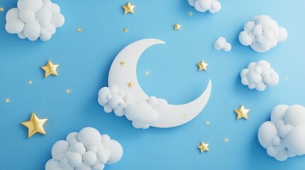 Aufkleber - 3D illustration of a crescent moon golden stars and white clouds set against a blue background Ideal for creating dreamy lullaby themed designs for banners booklets and posters Vector EPS10