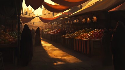 Sticker - A vibrant market scene at sunset, filled with fruits and cloaked figures.