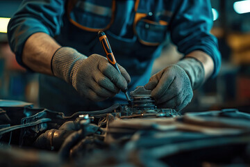 car service concept. engine repairing close up. mechanic hands are repairing car engine