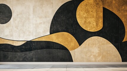 Aufkleber - Abstract modern minimalist mural art featuring golden black and beige shapes outlined in black designed for contemporary home wall decor in a three dimensional style
