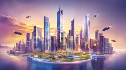 Canvas Print - A futuristic city skyline with tall buildings, greenery, and flying vehicles at sunset.