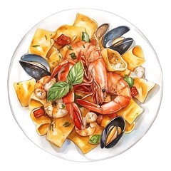 Canvas Print - Watercolor Illustration of a Plate of Pasta with Shrimp and Mussels.