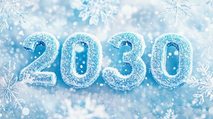 Frozen Future:  2030 in frosted digits against a backdrop of wintery snowflakes, symbolizing the promise of a new year and the potential that lies ahead 