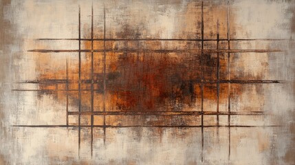 Naklejka na meble Abstract composition featuring divisions of muted tones and intricate brown line patterns enhanced by structured horizontal rows across the canvas