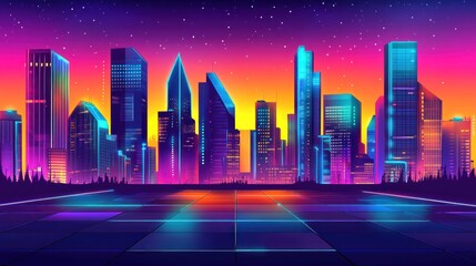 Poster - A vibrant neon cityscape at dusk, showcasing futuristic skyscrapers and a colorful sky.