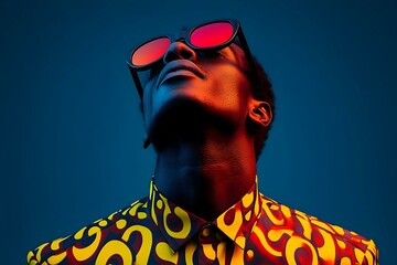 contemporary elegant sophisticated black male model wearing dark sunglasses textile design young confidence casual backdrop modern fashion