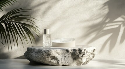Poster - 3D podium designed for showcasing packaging and cosmetics The scene features a rock stand with a palm shadow creating a natural and realistic pedestal 3D rendering and illustration