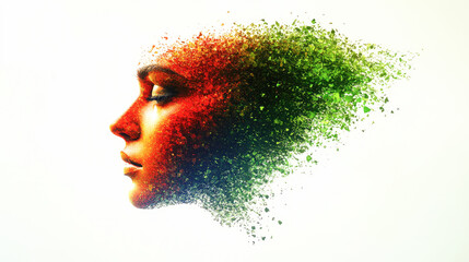Poster - A woman's profile rendered in a colorful dissolution style, portraying the connection between fragmentation and human identity.