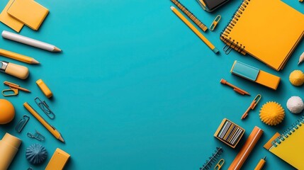 Sticker - Top view of yellow and orange stationery items arranged on a turquoise background, including notebooks, pencils, pens, paper clips, erasers, and decorative balls