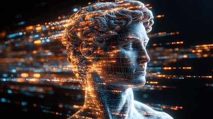 Poster - A digital representation of a classical bust with orange and blue glowing lines, symbolizing technology and artistry fusion.