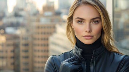 Wall Mural - A woman is wearing a black leather jacket and gloves. She is standing in front of a city skyline