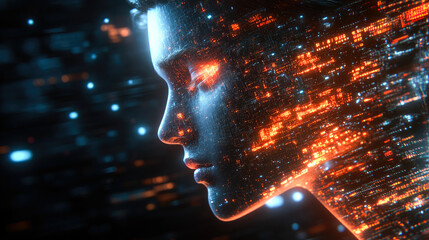 Poster - A futuristic female figure with glowing skin in a digital landscape, symbolizing innovation, beauty, and the essence of modern technology.