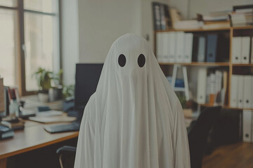 Funny halloween character person or animal wearing white blanket pretending scary ghost, Generative AI