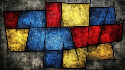 Poster - Abstract colorful geometric shapes arranged in a fragmented style on a textured background.