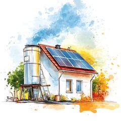 Canvas Print - Watercolor Illustration of a House with Solar Panels on the Roof.