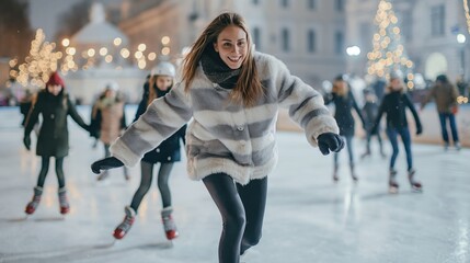 ce rink at Christmas. Outdoor rink with Christmas decorations, people and cozy atmosphere. People skating on the rink. Winter holidays. Ice skating	
