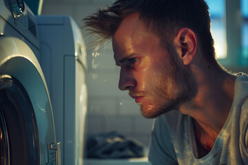 Wall Mural - Portrait of a young man house owner cleaning home generative AI