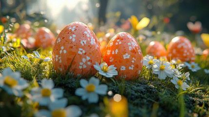 A colorful Easter egg rests in a field of daisies under a soft, warm sunset, symbolizing spring