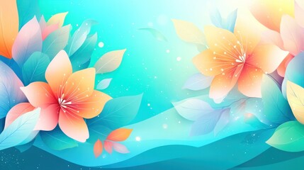 Poster - A vibrant floral design featuring colorful flowers and leaves against a soft blue background.