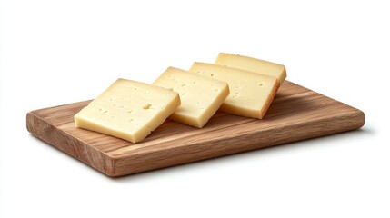 A few slices of cheese are arranged on a wooden cutting board, all against a plain white background.