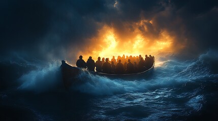 Wall Mural - Hope Amidst the Storm - Silhouettes of People in a Boat Navigating Through Rough Waves.