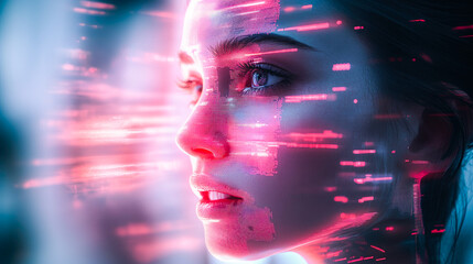 Poster - A vibrant digital illustration of a woman's profile illuminated by dynamic pink neon lights conveys futuristic cyber aesthetics.
