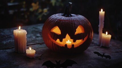 Wall Mural - halloween themed pumpkin with candles and bats creating a spooky atmosphere