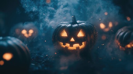 Poster - Spooky Night with Abstract Defocused Light and Smoke Effects on Pumpkins