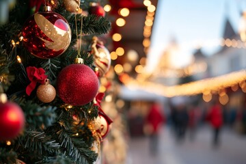 Colorful Christmas decorations adorn a festive market in the evening, creating a warm holiday atmosphere with twinkling lights