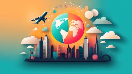 Sticker - A vibrant illustration of travel and urban life with a globe, skyscrapers, and an airplane.