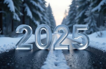 ice sculpture of 2025 on a snowy road in a forest at sunset