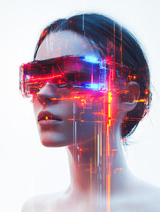 Poster - A cyber girl's profile with a glowing red visor, embodying futuristic innovation and digital interconnectedness.
