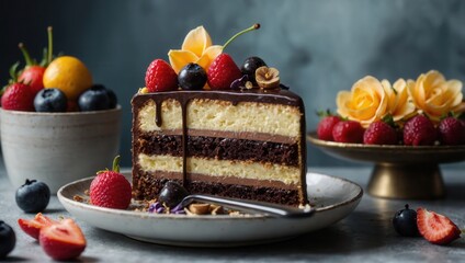 Slice of layered cake with berries and pear on a white plate, gradient background