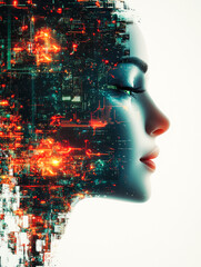 Poster - A modern digital profile of a woman surrounded by fiery orange and red circuitry patterns, symbolizing passion and technology.