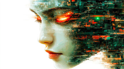Poster - An artistic face blending human and technology aspects, highlighted by glowing eyes within a tech-like circuit background.