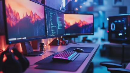 Poster - A Gamer's Desk Setup with Two Monitors, a Keyboard, and a Mouse
