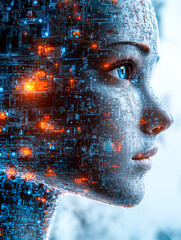 Poster - A detailed portrait of a futuristic face blends human features with intricate digital circuits and glowing elements.