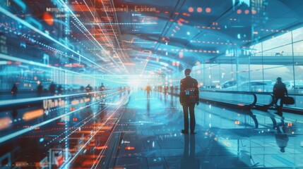 Poster - A man is standing in a large, futuristic airport terminal