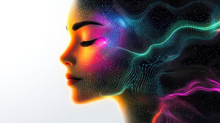 Poster - A vibrant, digital portrait of a woman with glowing neural-like patterns, representing creative thought and digital connectivity.