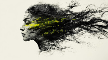 Poster - A profile view of a woman's face merged with digital code, symbolizing technology's integration with human identity.