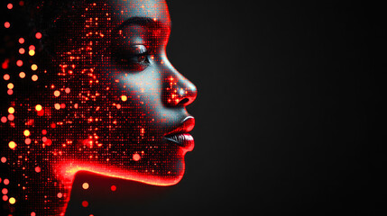 Poster - A dynamic profile with radiant red digital points, symbolizing the connection between human emotion and technological evolution.