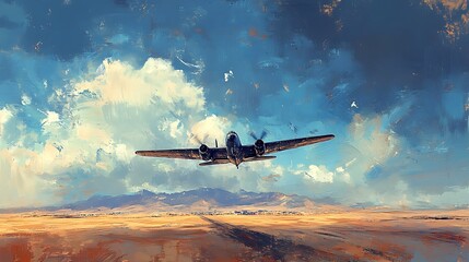 Vintage Airplane Flying Over Desert Landscape with Dramatic Sky.