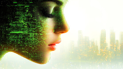 Poster - A digital profile with a green texture blends with an abstract cityscape, symbolizing human-technology synthesis.