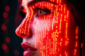 Poster - A vivid human face in red is interwoven with binary code, illustrating the deep integration of human likeness with technology.