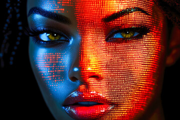 Poster - A pixelated close-up portrait with bold red and blue hues, reflecting technological aesthetics and intense digital presence.